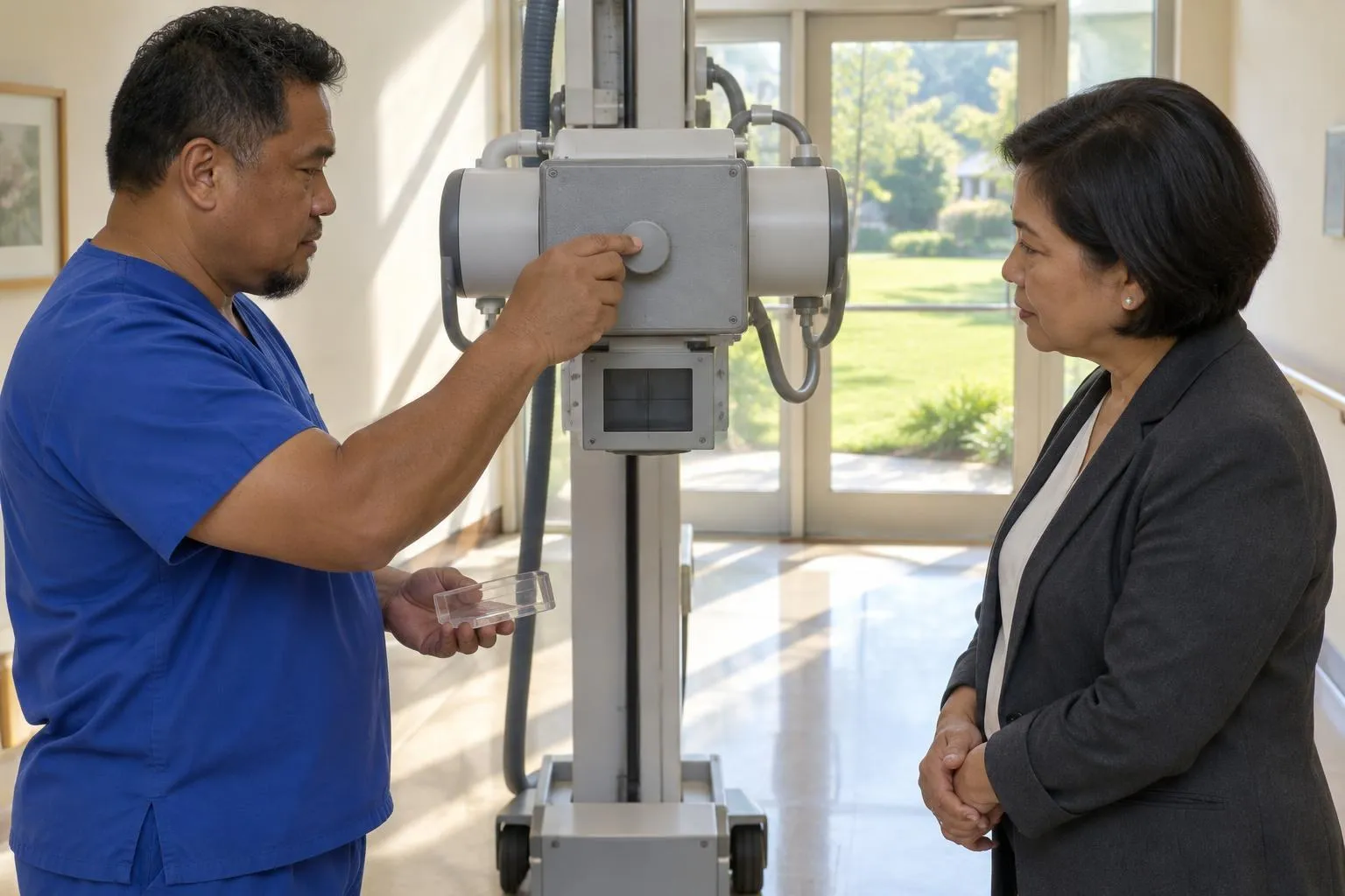 A technologist adjusts a portable X-ray unit's collimator while a facility administrator leans in to look closely at the machine.