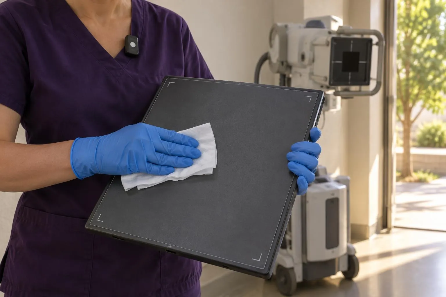 A technologist's gloved hands wipe down a flat X-ray detector beside a portable unit in a sunlit assisted living alcove.