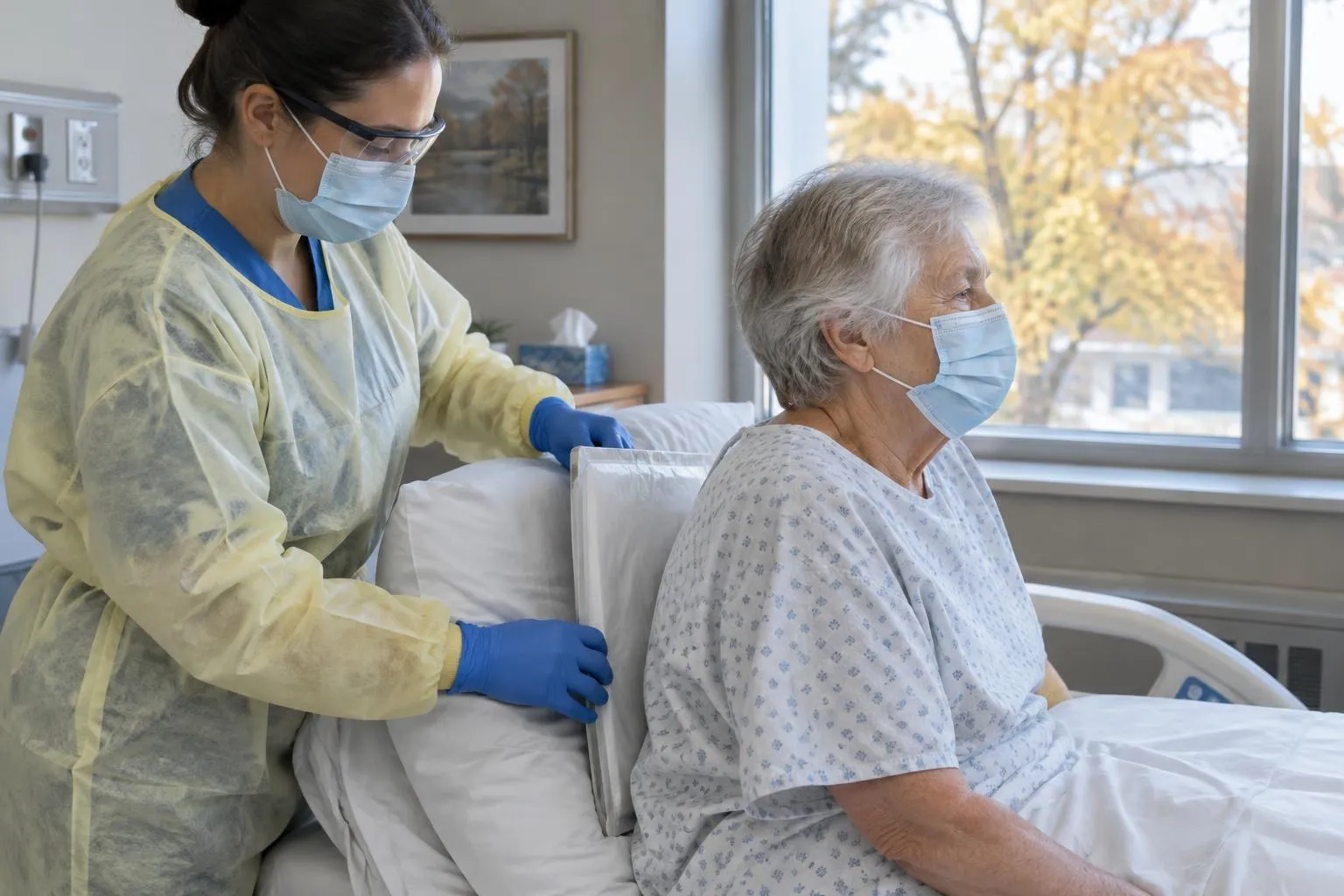 A masked mobile X-ray technologist positions a covered detector behind an older resident seated upright in bed.