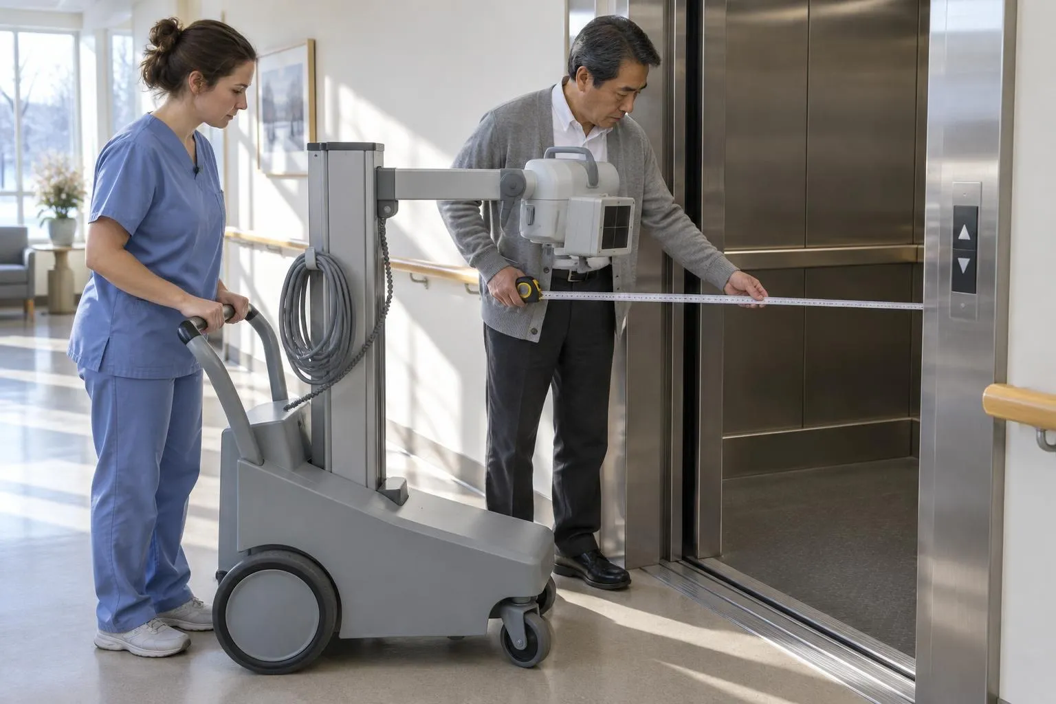 A nurse director holds a tape measure across an elevator opening while a technologist steadies a portable X-ray unit at the threshold.